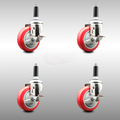 Service Caster 4 Inch 316SS Red Poly Swivel 3/4 Inch Expanding Stem Caster Set Brake SCC SCC-SS316EX20S414-PPUB-RED-TLB-34-4